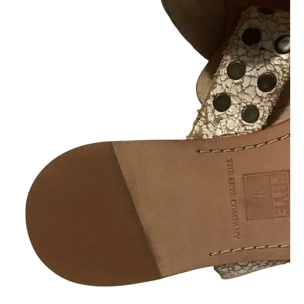 Frye tan leather sandals brass studs on the toe post. Size 8